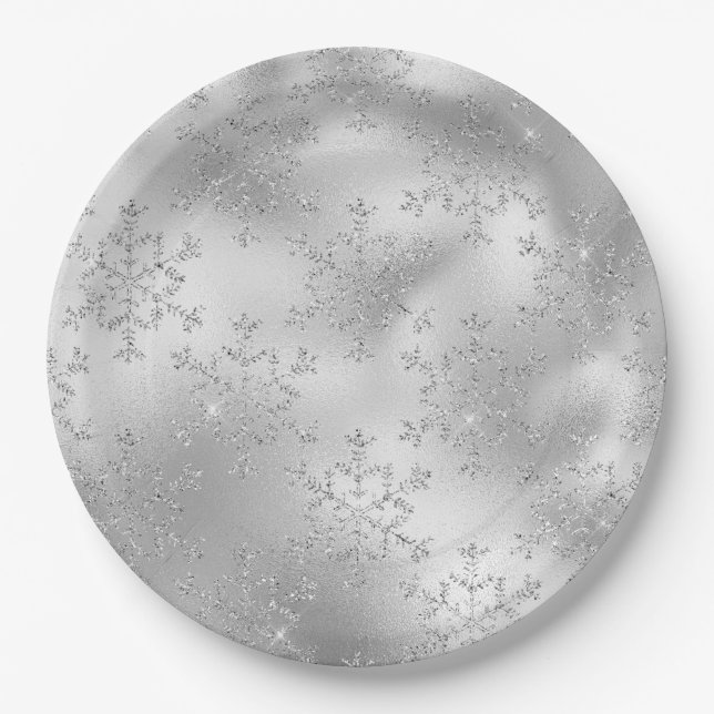Silver Glitter Glitzy Snowflakes Paper Plate (Front)