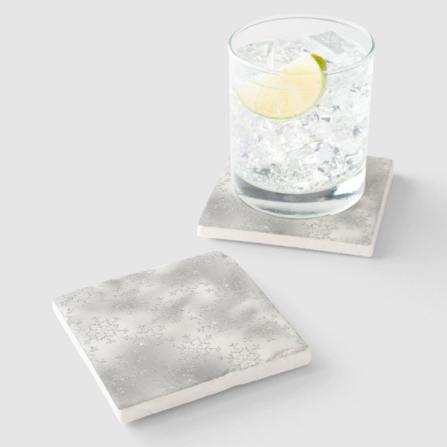 Silver Glitter Glitzy Snowflakes Stone Coaster (Side)