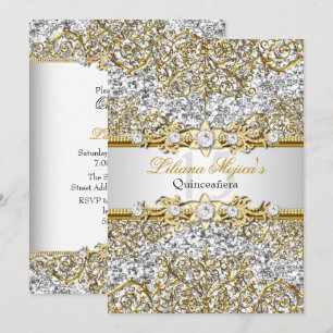 Silver Glitter & Gold Damask Quinceanera Invite