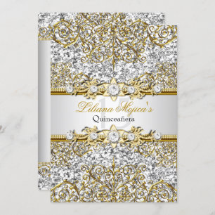 Silver Glitter & Gold Damask Quinceanera Invite