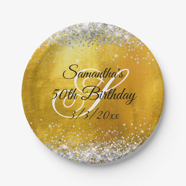 Silver Glitter Gold Foil 50th Birthday Paper Plate (Front)