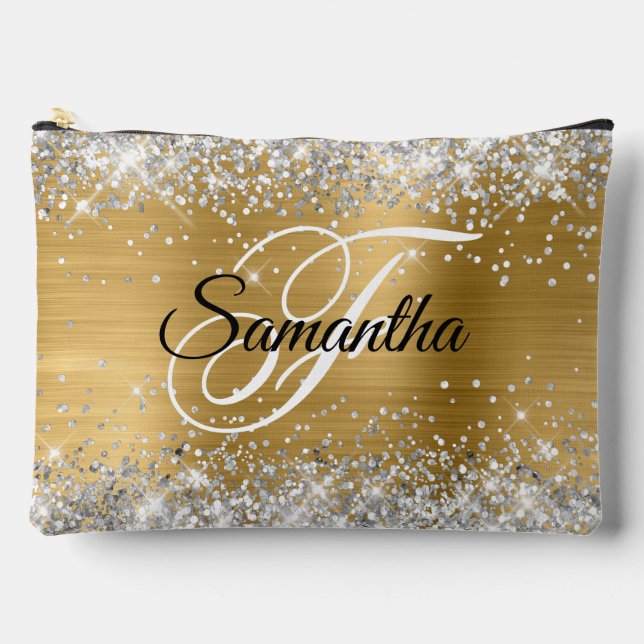 Silver Glitter Gold Foil Fancy Monogram Accessory Pouch (Front)