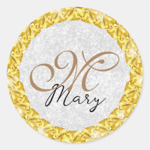 Silver Glitter Gold Jewel Frame Monogram  Classic Round Sticker