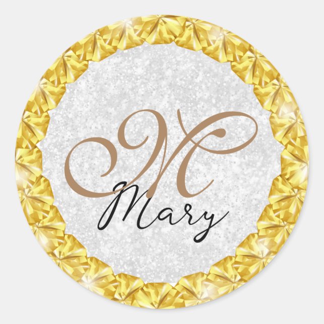 Silver Glitter Gold Jewel Frame Monogram  Classic Round Sticker (Front)