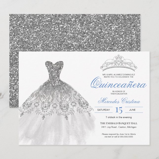 Silver Glitter Gown Elegant Quinceañera Invitation (Front/Back)