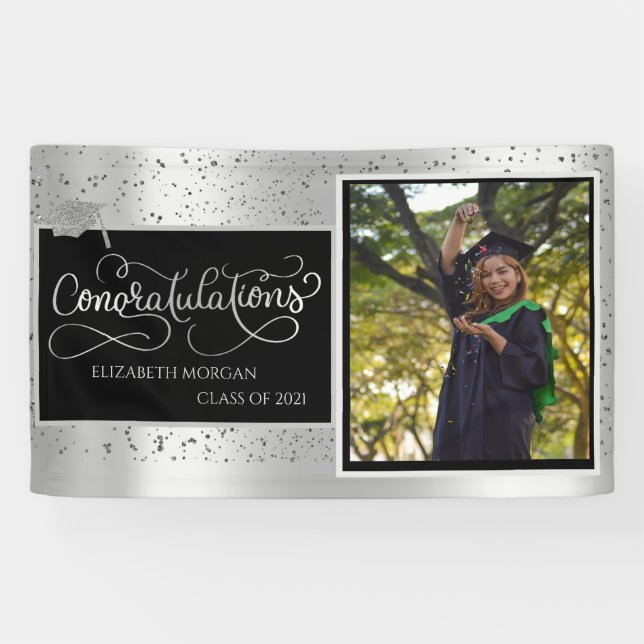 Silver Glitter Grad Cap,Photo Rose Gold Graduation Banner (Horizontal)