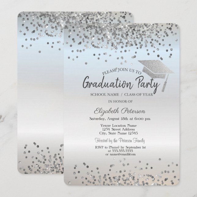 Silver Glitter Graduation Cap Confetti Graduation Invitation (Front/Back)