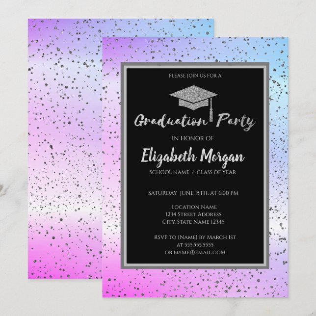 Silver Glitter Graduation Cap,Confetti Ombre Invitation (Front/Back)