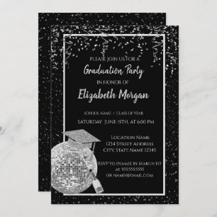 Silver Glitter Graduation Cap,Disco Ball Confetti Invitation