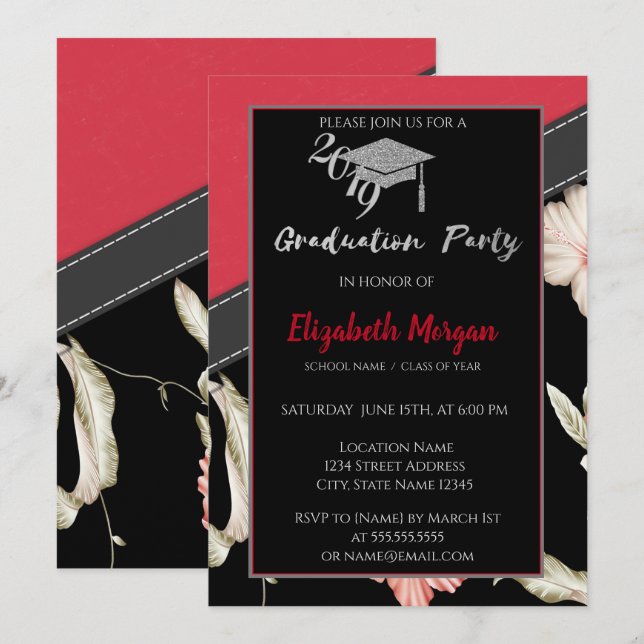 Silver Glitter Graduation Cap, Flowers Invitation (Front/Back)
