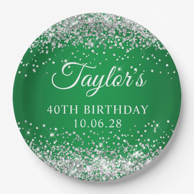 Silver Glitter Green 40th Birthday Paper Plate (Front)