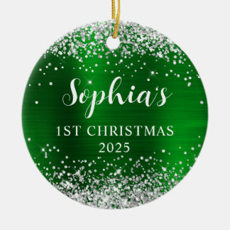 Silver Glitter Green Faux Foil 1st Christmas Photo Ceramic Tree Decoration