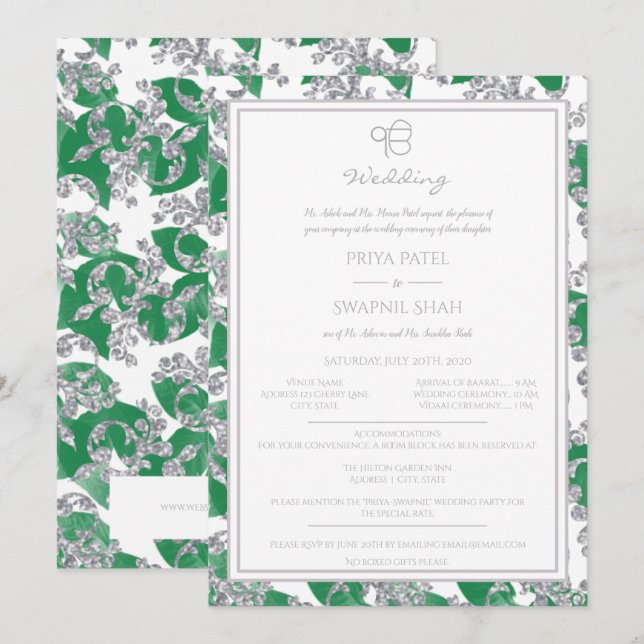 Silver Glitter Green Floral Punjabi Sikh Ek Onkar Invitation (Front/Back)