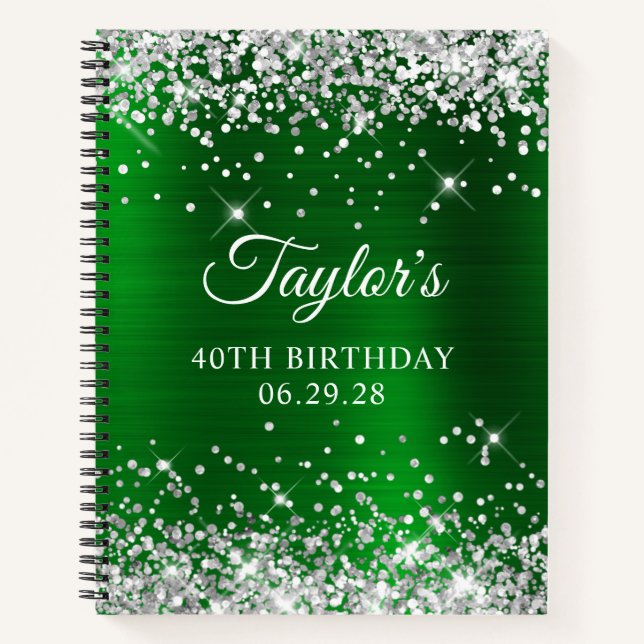 Silver Glitter Green Foil 40th Birthday Guest Notebook (Front)