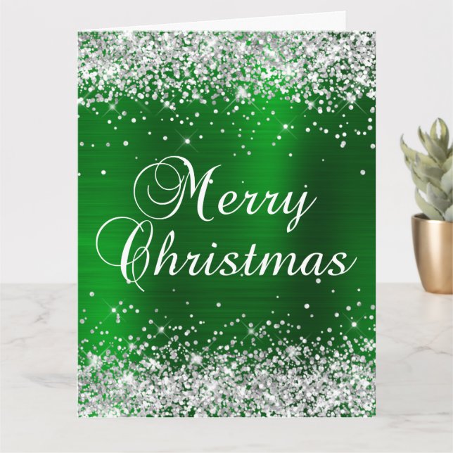 Silver Glitter Green Foil Big Merry Christmas Card (Small Plant)