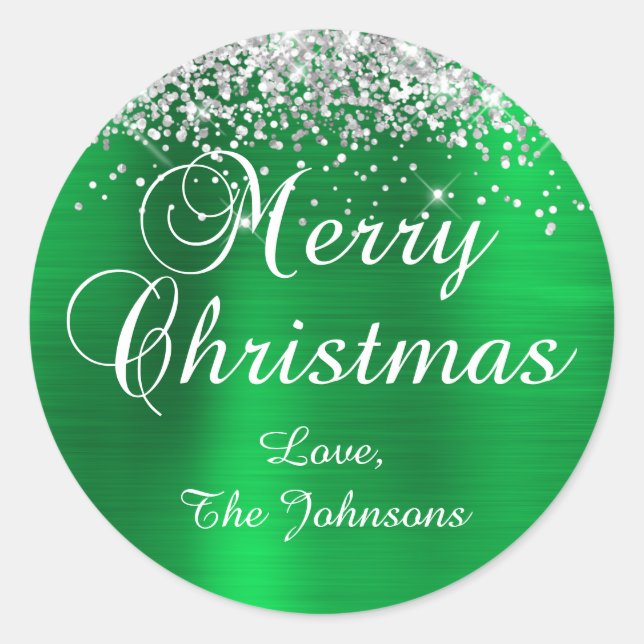 Silver Glitter Green Foil Merry Christmas Classic Round Sticker (Front)