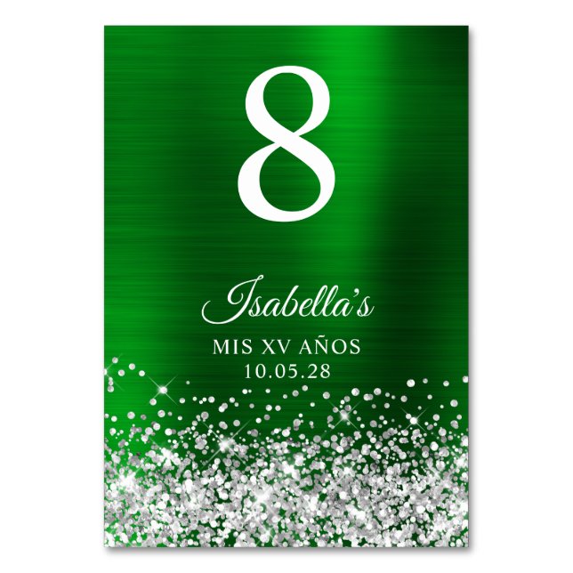 Silver Glitter Green Foil Mis XV Anos Table Number (Front)