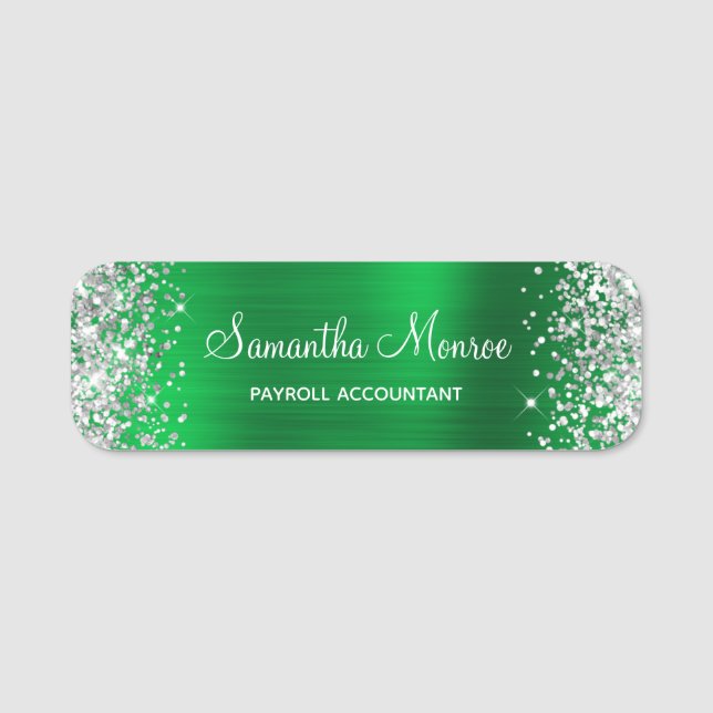 Silver Glitter Green Foil Name Title Name Tag (Front)