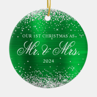 Silver Glitter Green Foil Our 1st Christmas Photo Ceramic Tree Decoration
