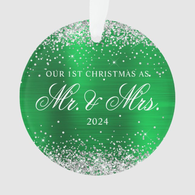 Silver Glitter Green Foil Our 1st Christmas Photo Ornament (Front)