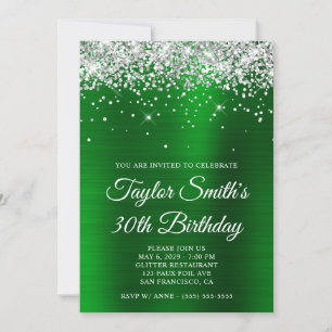 Silver Glitter Green Glam 30th Birthday Invitation