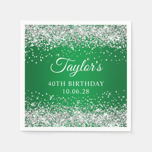 Silver Glitter Green Ombre 40th Birthday Napkin (Front)