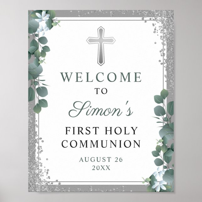 Silver Glitter Greenery First Communion Welcome Poster (Front)