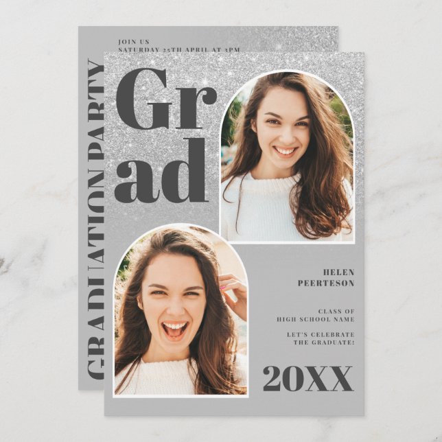 Silver glitter grey arch 3 photos graduation invitation (Front/Back)