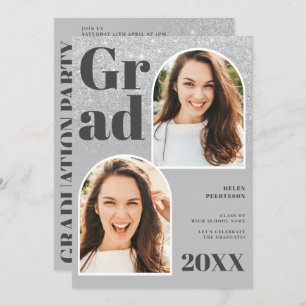 Silver glitter grey arch 3 photos graduation invitation