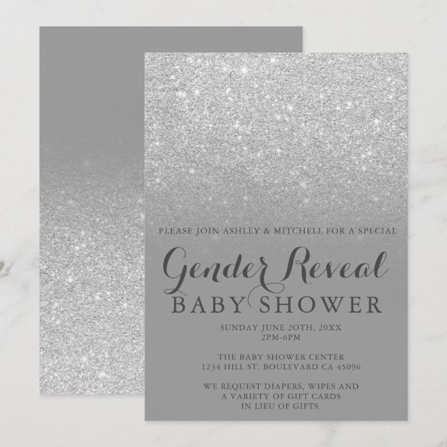 Silver glitter grey chic gender reveal baby shower invitation (Front/Back)