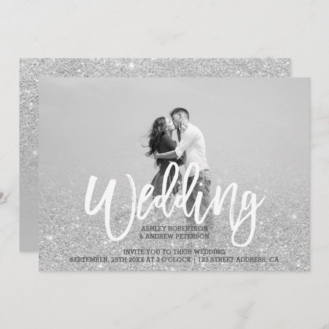 Silver glitter grey chic photo wedding invitation (Front/Back)
