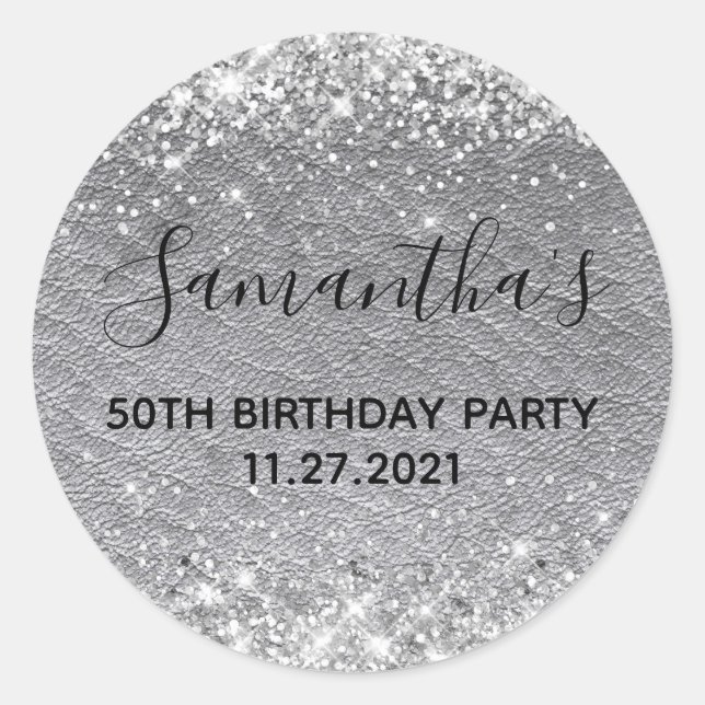 Silver Glitter Grey Leather 50th Birthday Party Classic Round Sticker (Front)