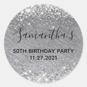 Silver Glitter Grey Leather 50th Birthday Party Classic Round Sticker