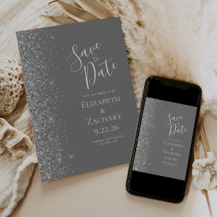 Silver Glitter Grey Save the Date Announcement