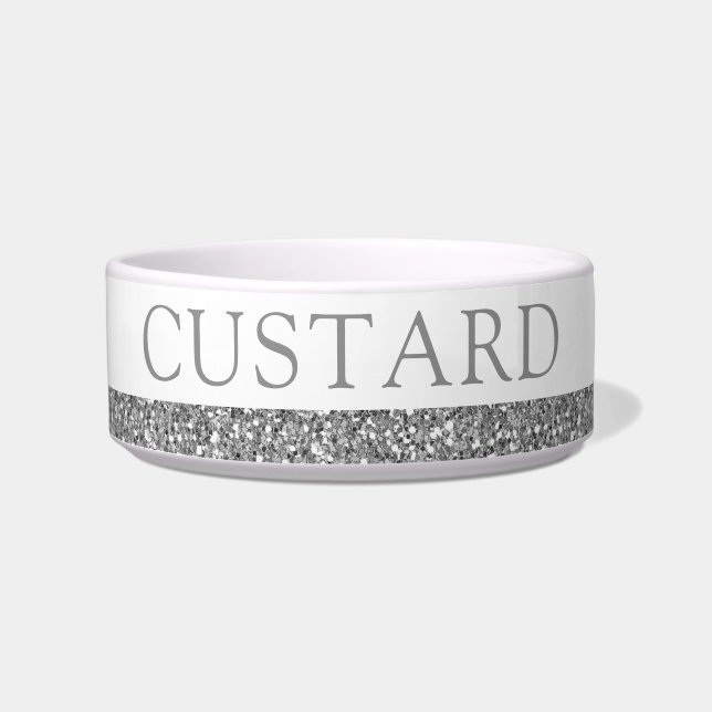 Silver Glitter Grey Sparkle Modern Pet Name Bowl (Front)