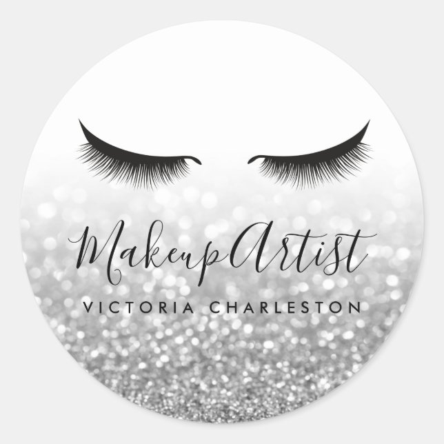 Silver Glitter Hair Makeup Lashes Classic Round Sticker (Front)