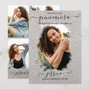 Silver Glitter Halo Photo Collage Quinceañera Invitation