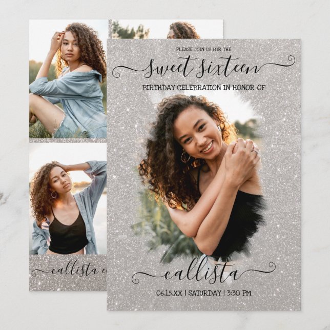 Silver Glitter Halo Photo Collage Sweet 16 Invitation (Front/Back)