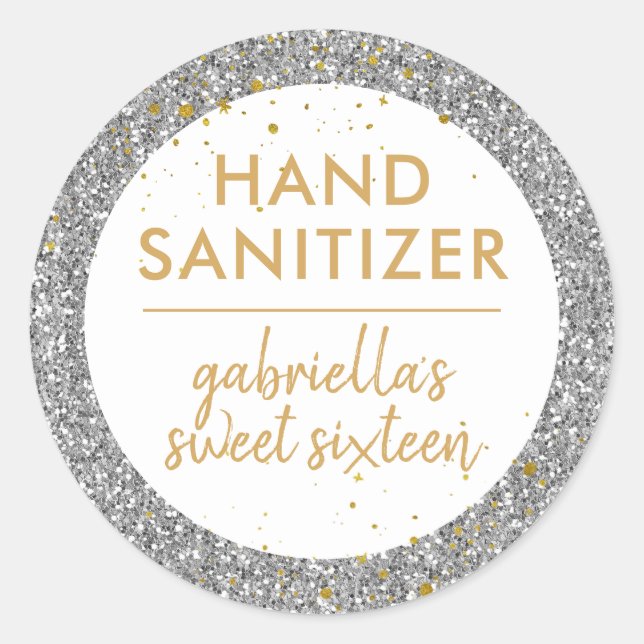 Silver Glitter Hand Sanitizer Birthday Favour Classic Round Sticker (Front)
