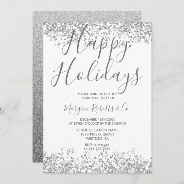 SIlver Glitter Happy Holidays or Christmas Party Invitation (Front/Back)