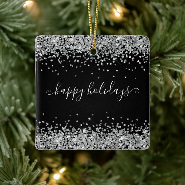 Silver Glitter Happy Holidays Sparkle shine Black Ceramic Ornament (Tree)