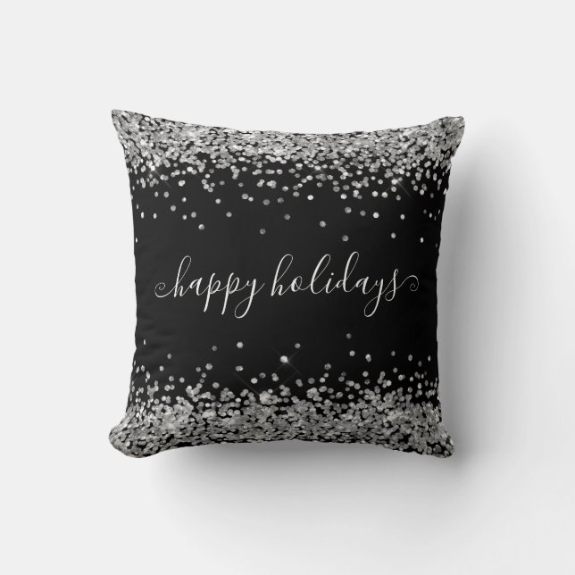 Silver Glitter Happy Holidays Sparkle Shine Black Cushion (Front)
