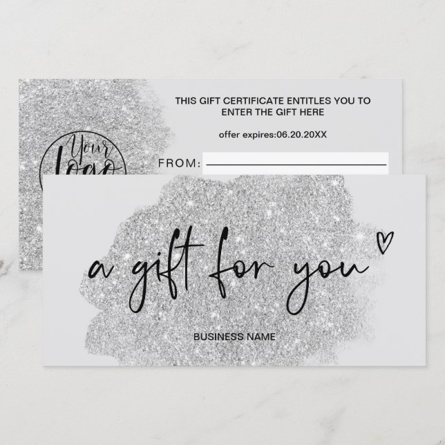 silver glitter heart logo gift certificate (Front/Back)