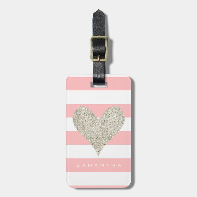 Silver Glitter Heart Luggage Tag (Front Vertical)