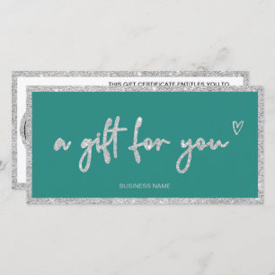 Silver glitter heart teal logo gift certificate