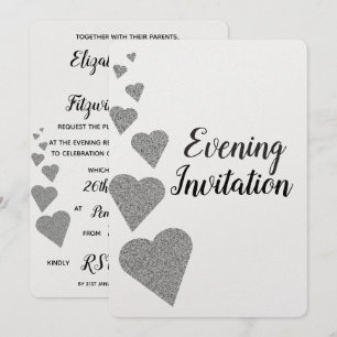 Silver Glitter Hearts Evening Invitation
