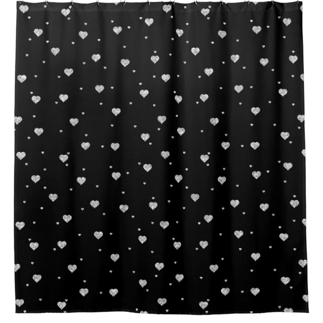 Silver Glitter Hearts On Black Background Shower Curtain (Front)