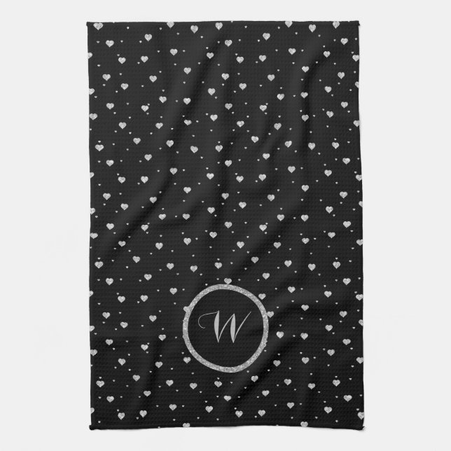 Silver Glitter Hearts Seamless Pattern Tea Towel (Vertical)