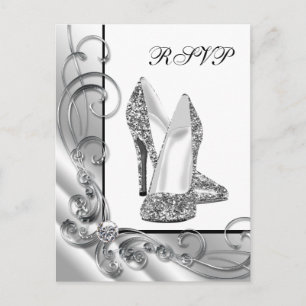 Silver Glitter High Heel Shoe RSVP Invitation Postcard