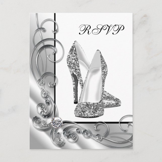 Silver Glitter High Heel Shoe RSVP Invitation Postcard (Front)